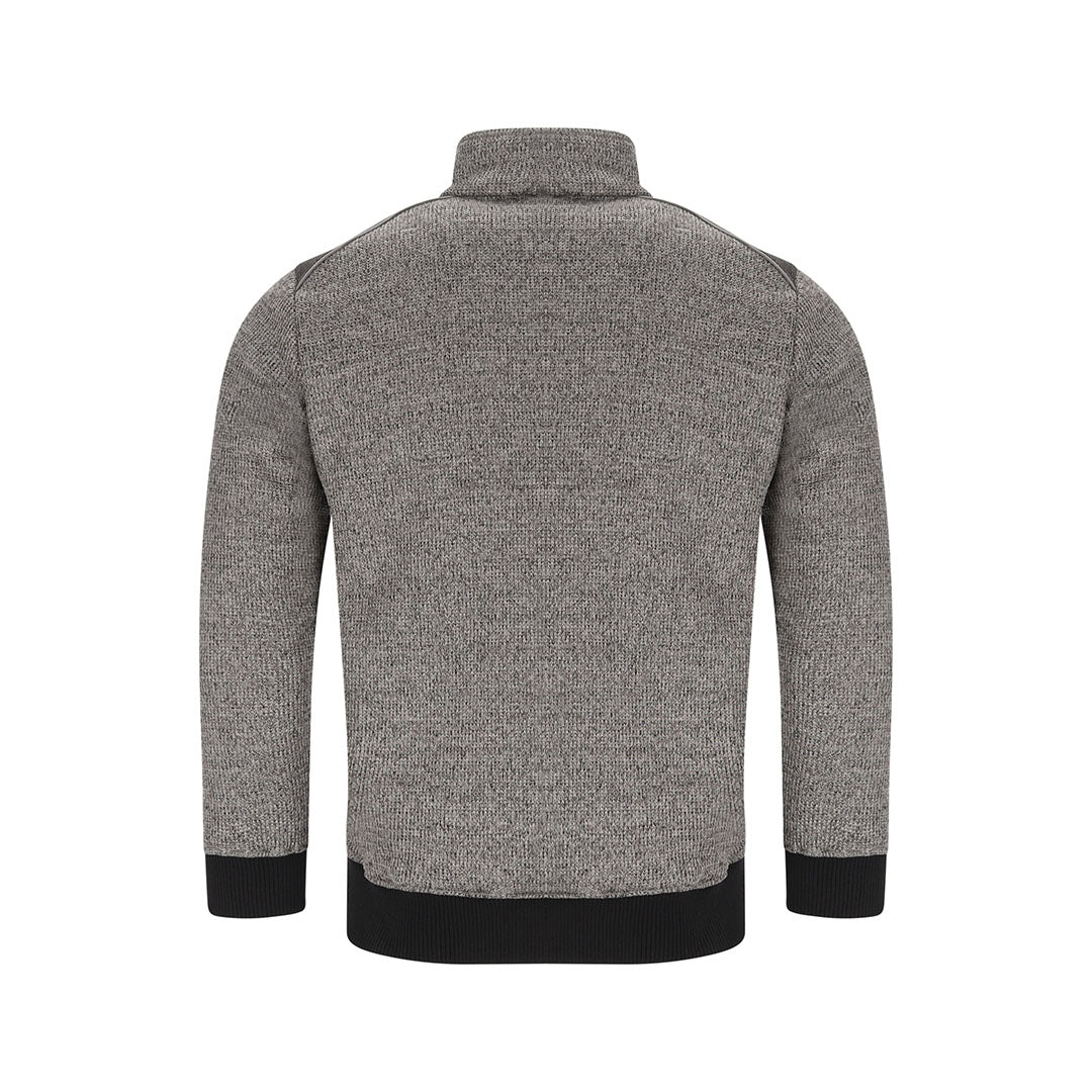 Achterkant van warme grijze werktrui met zwarte boorden