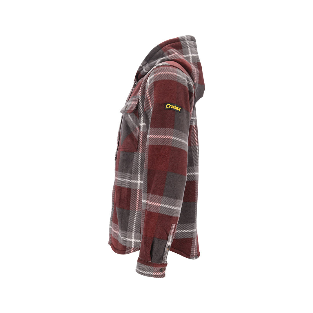 Zijkant van een rood met grijs vest met Cratex logo