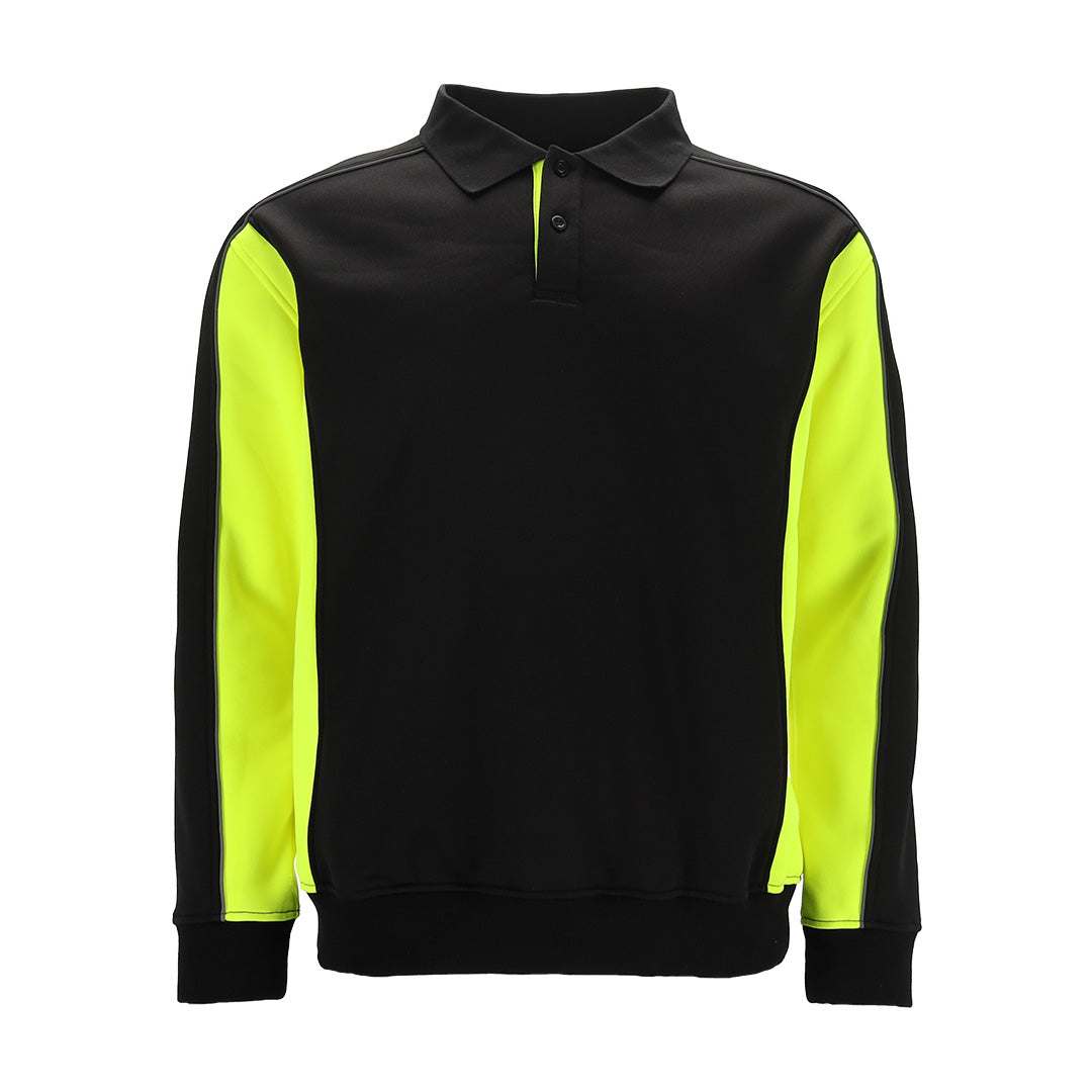 Cratex Trui Een zwarte longsleeve polo met contrasterende neongele accenten op de mouwen, ontworpen voor een sportieve of functionele look, met een klassieke kraag en knoopsluiting aan de voorkant.