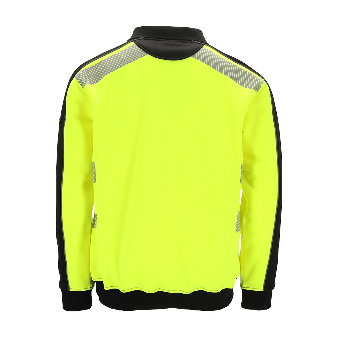 Cratex Trui Een zwarte longsleeve polo met contrasterende neongele accenten op de mouwen, ontworpen voor een sportieve of functionele look, met een klassieke kraag en knoopsluiting aan de voorkant. Reflecterende schouders.