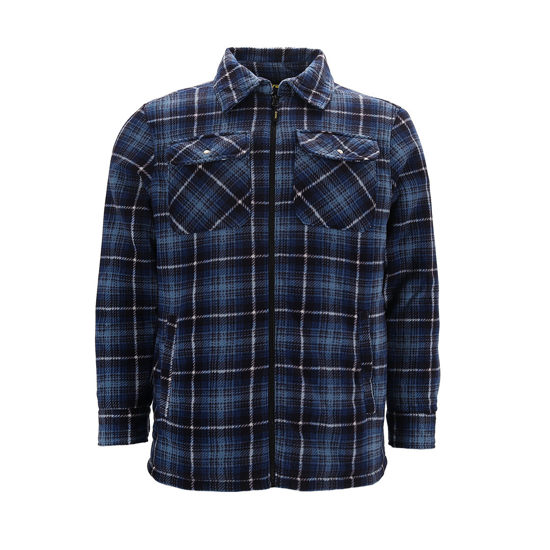 Donkerblauw geruit fleece vest met rits en lange mouwen, voorzien van twee borstzakken met knoopsluiting en een klassieke kraag.