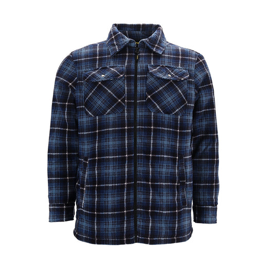 Donkerblauw geruit fleece vest met rits en lange mouwen, voorzien van twee borstzakken met knoopsluiting en een klassieke kraag.