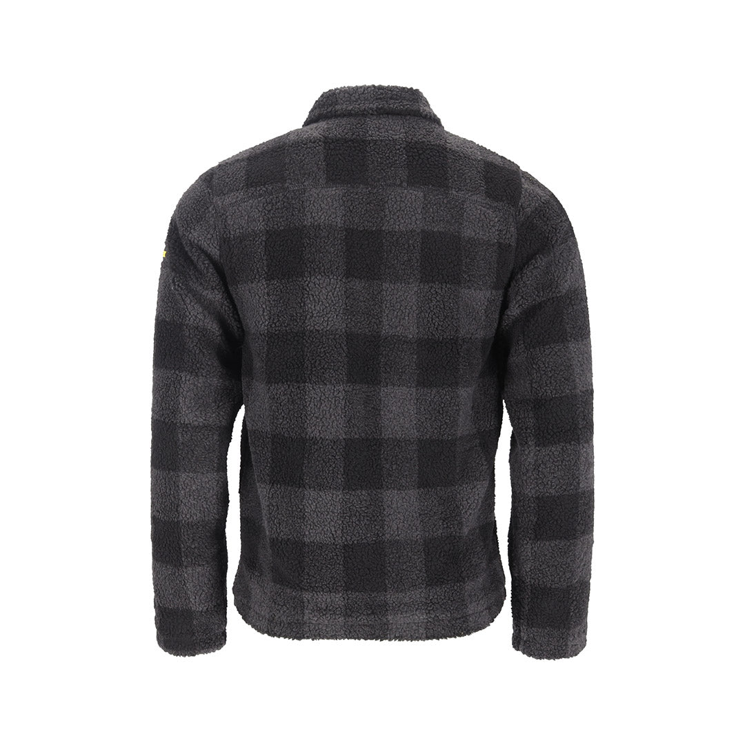 achterkant van een zwart grijs geblokt vest met kraag