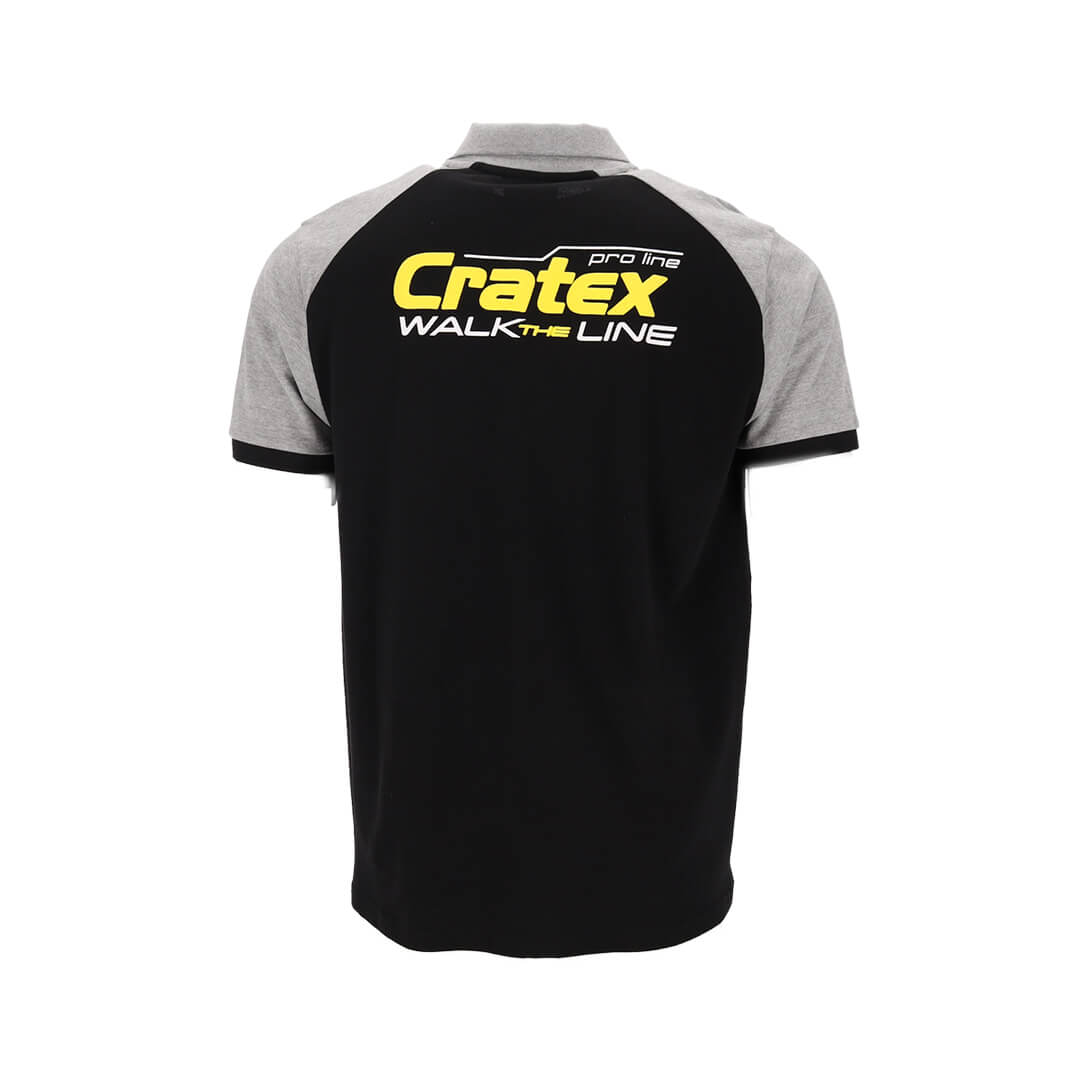 Achteraanzicht van een zwart-grijs poloshirt Bern van Cratex pro line met de tekst 'Walk The Line' op de achterkant