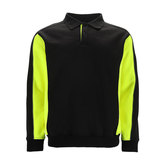 Cratex Trui Een zwarte longsleeve polo met contrasterende neongele accenten op de mouwen, ontworpen voor een sportieve of functionele look, met een klassieke kraag en knoopsluiting aan de voorkant.