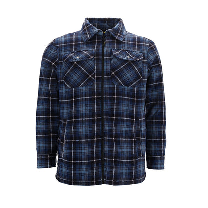 Donkerblauw geruit fleece vest met rits en lange mouwen, voorzien van twee borstzakken met knoopsluiting en een klassieke kraag.