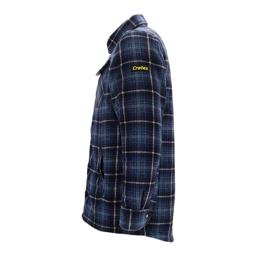 Donkerblauw geruit fleece vest met rits en lange mouwen, voorzien van twee borstzakken met knoopsluiting en een klassieke kraag.