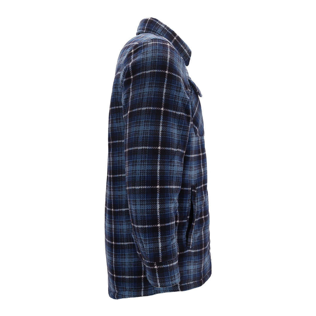 Donkerblauw geruit fleece vest met rits en lange mouwen, voorzien van twee borstzakken met knoopsluiting en een klassieke kraag.