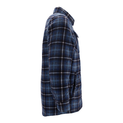 Donkerblauw geruit fleece vest met rits en lange mouwen, voorzien van twee borstzakken met knoopsluiting en een klassieke kraag.