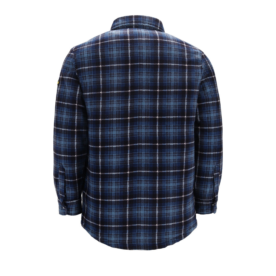 Donkerblauw geruit fleece vest met rits en lange mouwen, voorzien van twee borstzakken met knoopsluiting en een klassieke kraag.