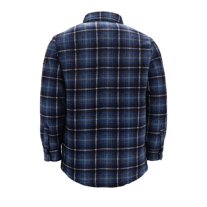 Donkerblauw geruit fleece vest met rits en lange mouwen, voorzien van twee borstzakken met knoopsluiting en een klassieke kraag.
