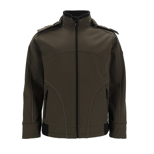 Donkergroene softshell werkjas Cobres met ritssluiting, zijzakken, reflecterende details en een winddichte, waterafstotende en ademende 3-laags constructie.