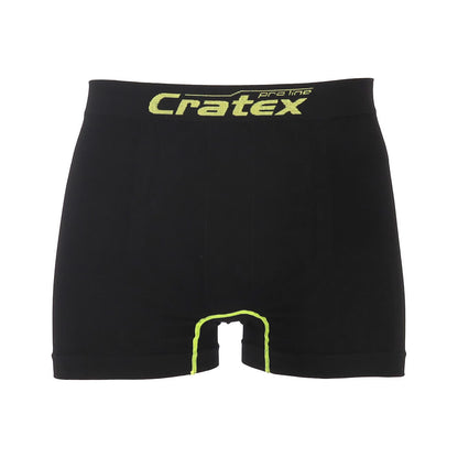 Een zwarte boxershort van het merk Cratex pro line met gele details en het Cratex pro line-logo op de tailleband.