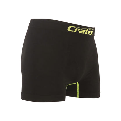 Zijaanzicht van een zwarte boxershort van het merk Cratex pro line met gele details en het Cratex pro line-logo op de tailleband