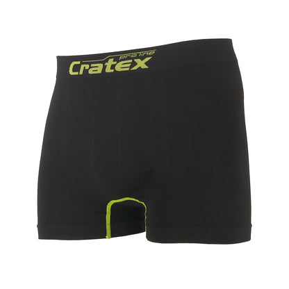 Linkerkant van zwarte boxershort van het merk Cratex pro line met gele details en het Cratex pro line-logo op de tailleband.