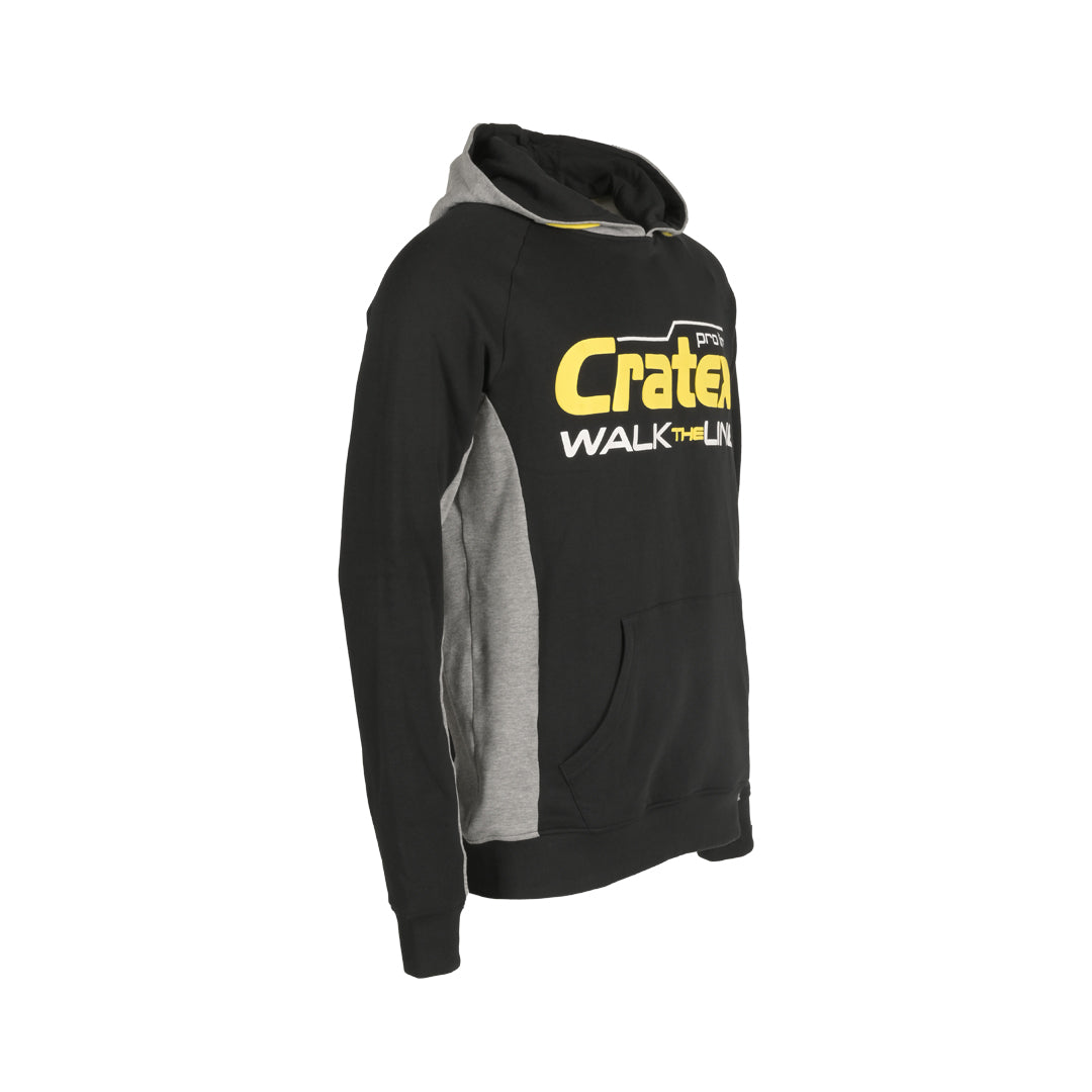 Een zwart-grijze hoodie van Cratex pro line, schuin van voren gezien, met de tekst 'Cratex pro line Walk The Line' op de voorkant.