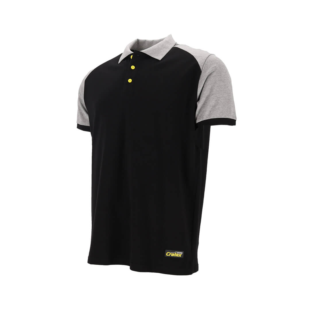 Een zwart-grijs poloshirt Bern van het merk Cratex pro line met gele knopen en het logo onderaan