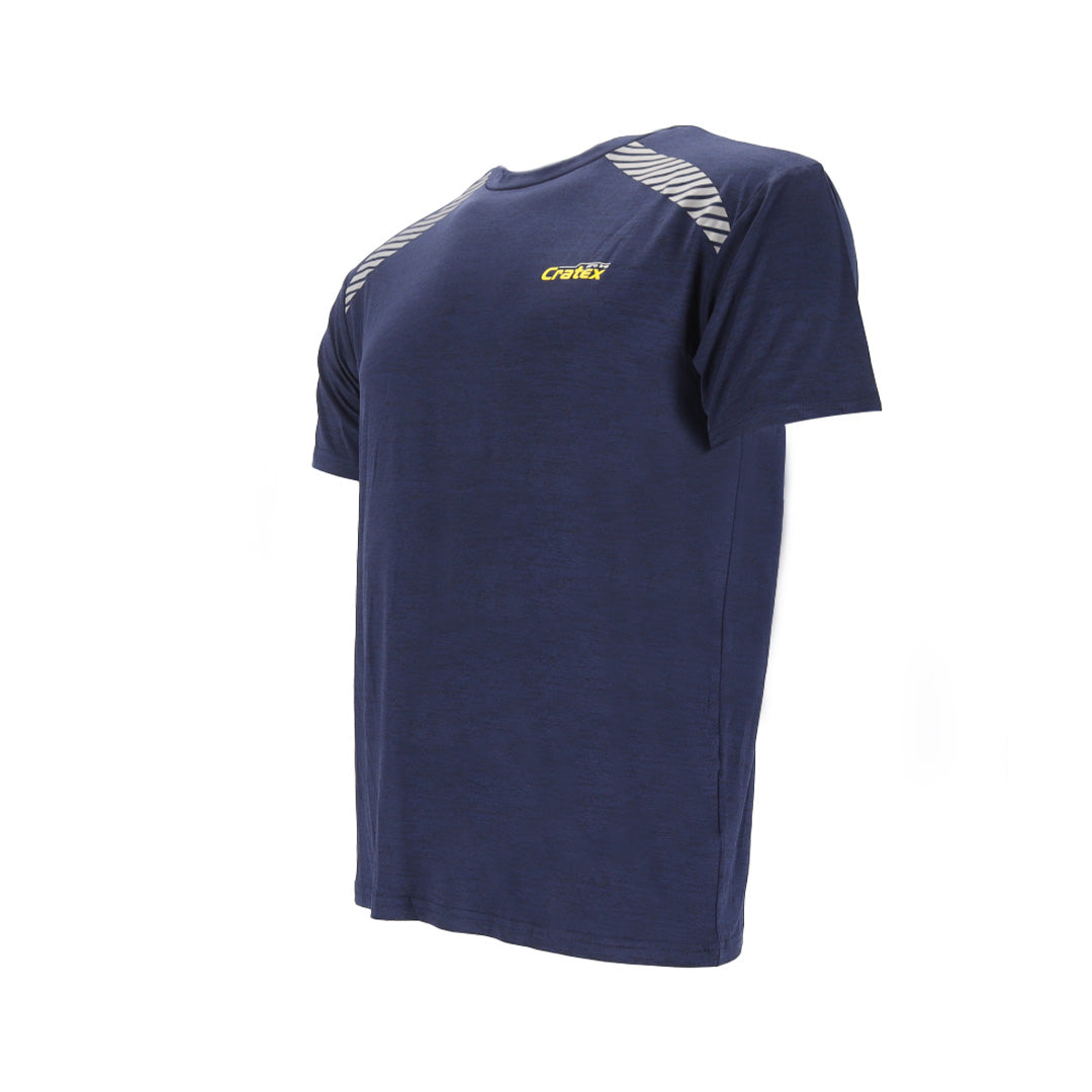 zijaanzicht van blauw tshirt met cratex pro line logo en reflectiestrepen